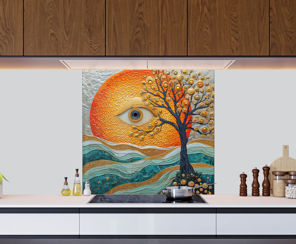 Mystical Sun & Tree - Glass Kitchen Backsplash-BacksplashArtworks