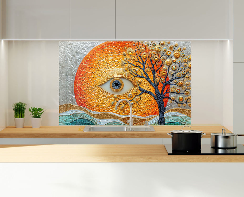 Mystical Sun & Tree - Glass Kitchen Backsplash-BacksplashArtworks