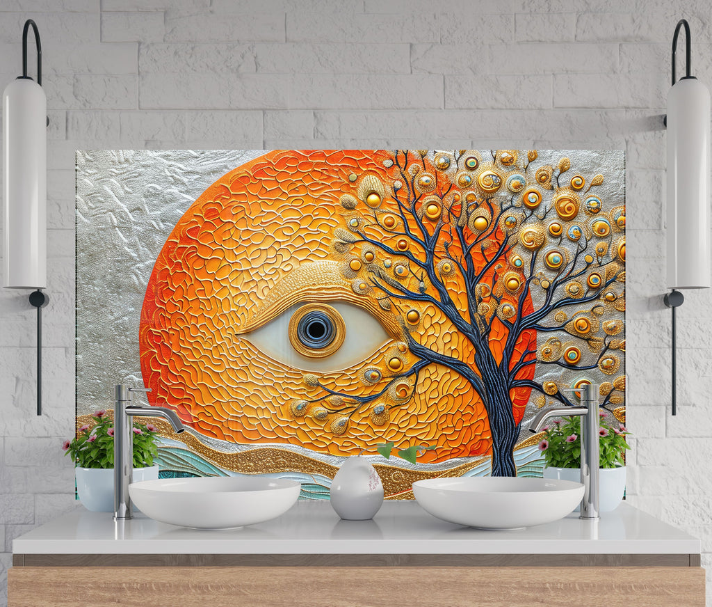 Mystical Sun & Tree - Glass Kitchen Backsplash-BacksplashArtworks