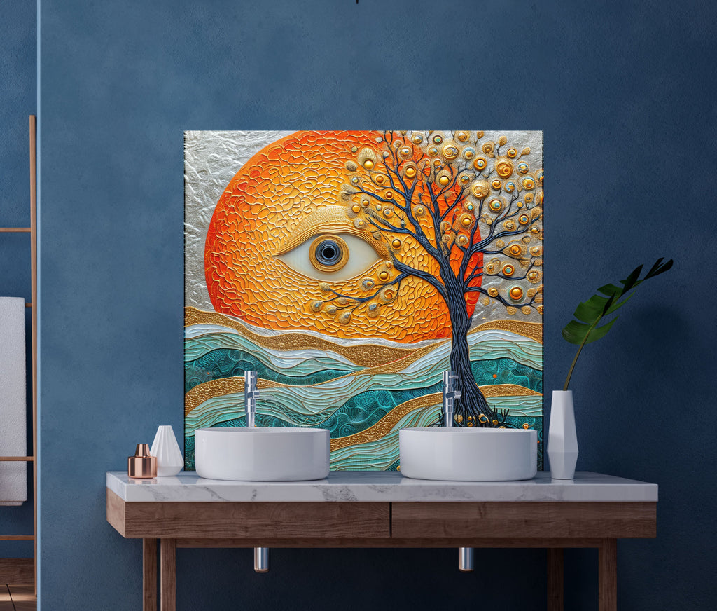 Mystical Sun & Tree - Glass Kitchen Backsplash-BacksplashArtworks