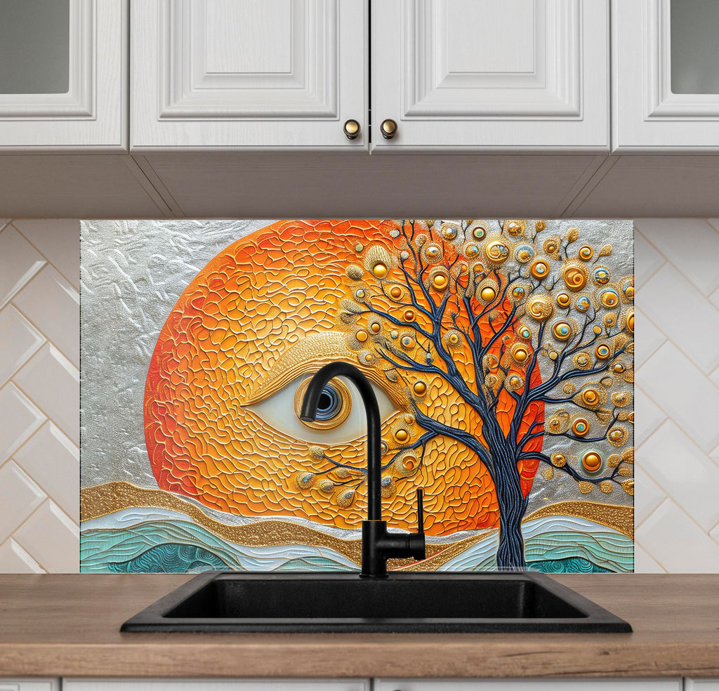 Mystical Sun & Tree - Glass Kitchen Backsplash-BacksplashArtworks