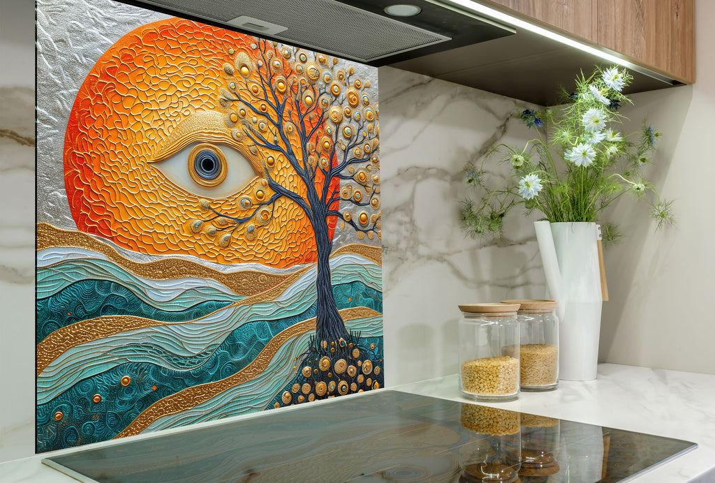 Mystical Sun & Tree - Glass Kitchen Backsplash-BacksplashArtworks