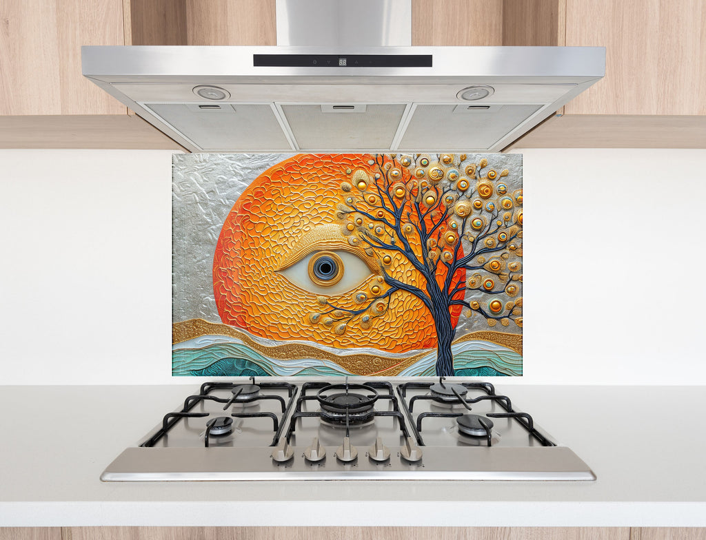 Mystical Sun & Tree - Glass Kitchen Backsplash-BacksplashArtworks