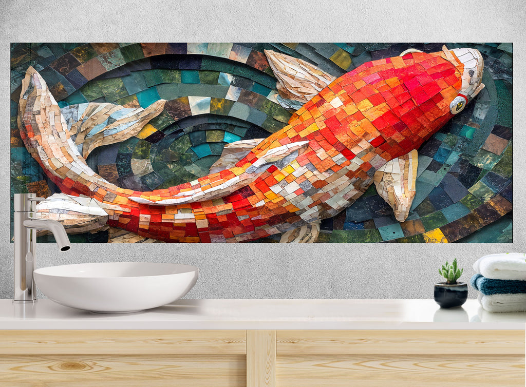 Mosaic-Inspired Tempered Glass Kitchen Backsplash with Koi Fish Design-BacksplashArtworks