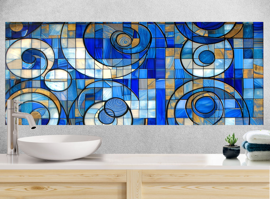 Blue and Gold Tempered Glass Kitchen Backsplash with Modern Abstract Design-BacksplashArtworks