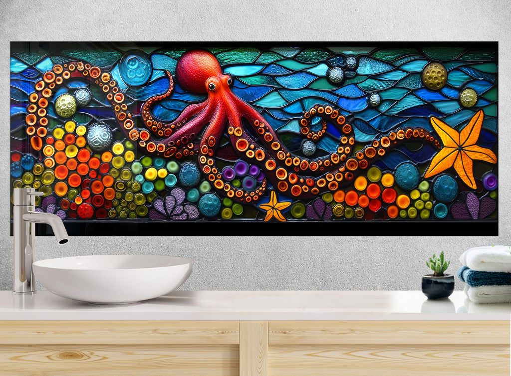 Mosaic-Inspired Tempered Glass Kitchen Backsplash with Octopus Design-BacksplashArtworks