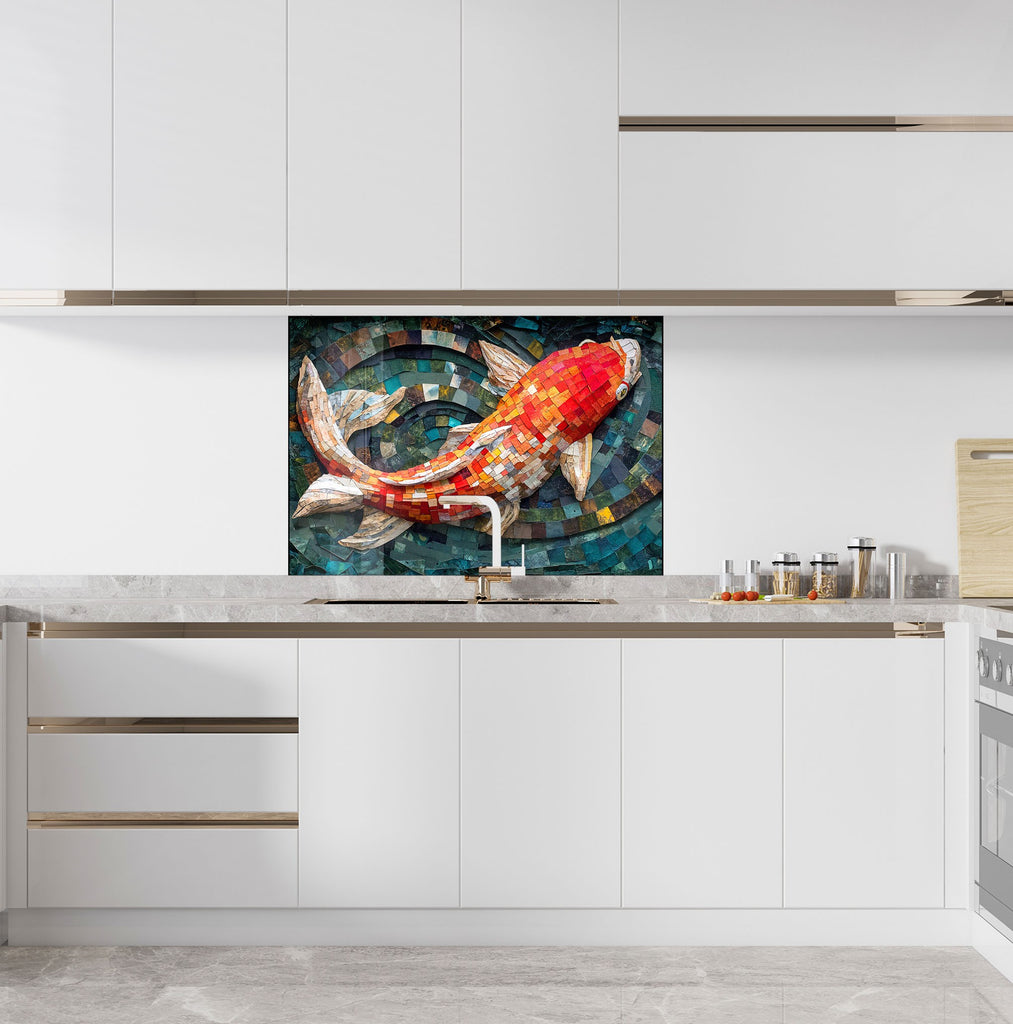 Mosaic-Inspired Tempered Glass Kitchen Backsplash with Koi Fish Design-BacksplashArtworks