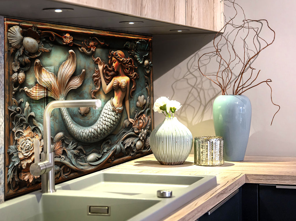 Mystical Mermaid Stained - Glass Kitchen Backsplash-BacksplashArtworks