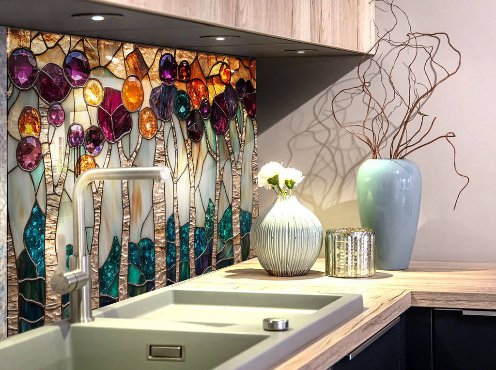 Enchanted Blossom Stained - Glass Kitchen Backsplash-BacksplashArtworks