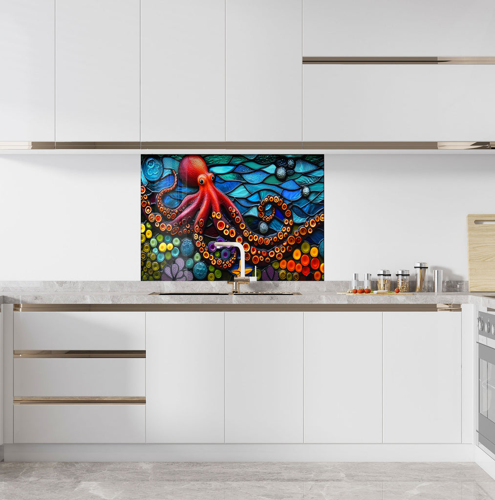 Mosaic-Inspired Tempered Glass Kitchen Backsplash with Octopus Design-BacksplashArtworks