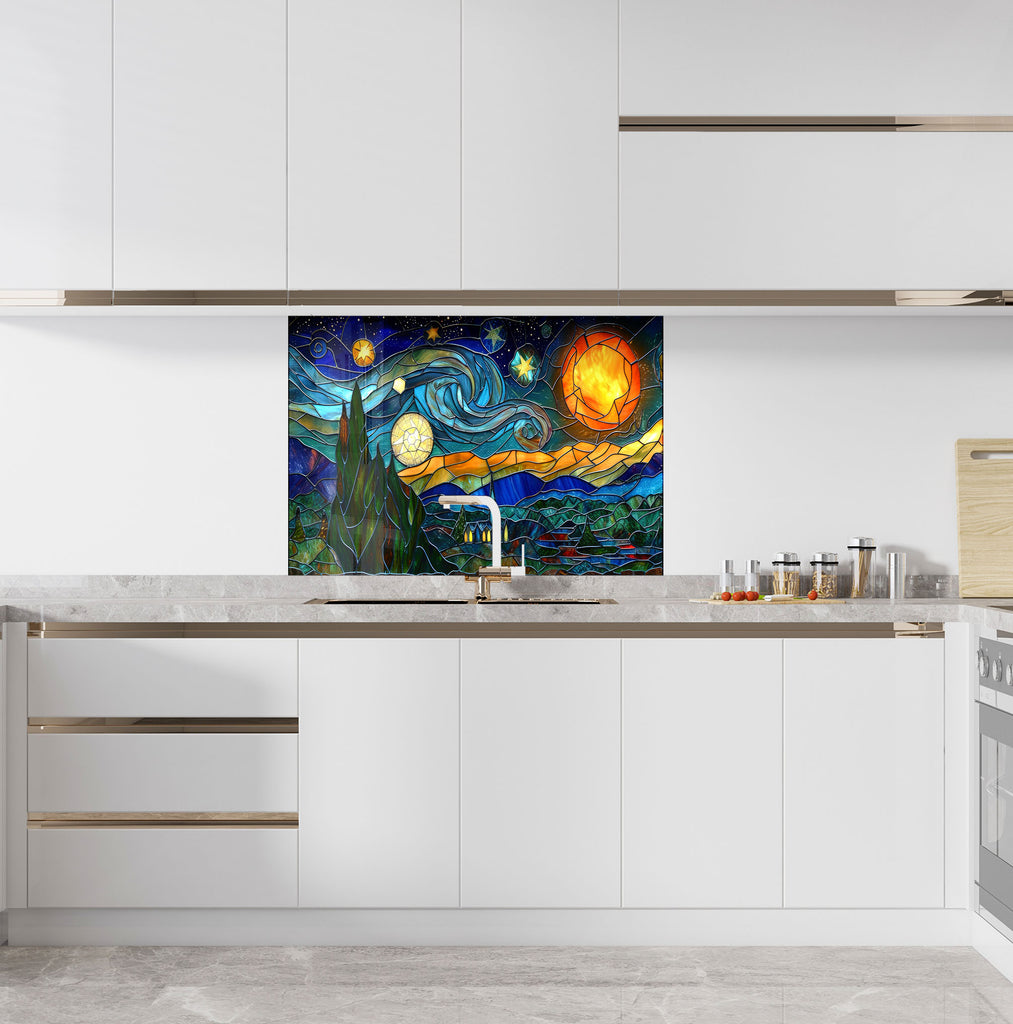 Mosaic-Inspired Tempered Glass Kitchen Backsplash with Starry Night Design-BacksplashArtworks