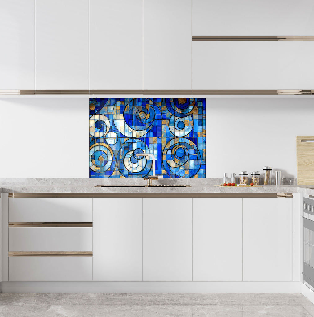 Blue and Gold Tempered Glass Kitchen Backsplash with Modern Abstract Design-BacksplashArtworks