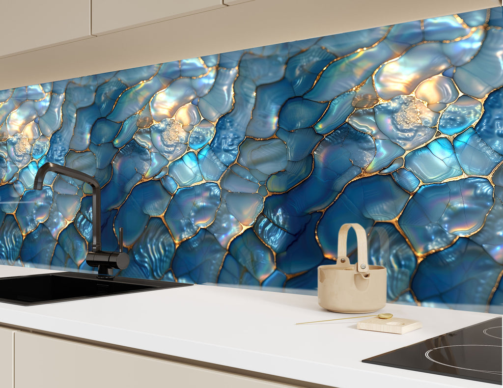 Iridescent Blue Agate - Glass Kitchen Backsplash-BacksplashArtworks