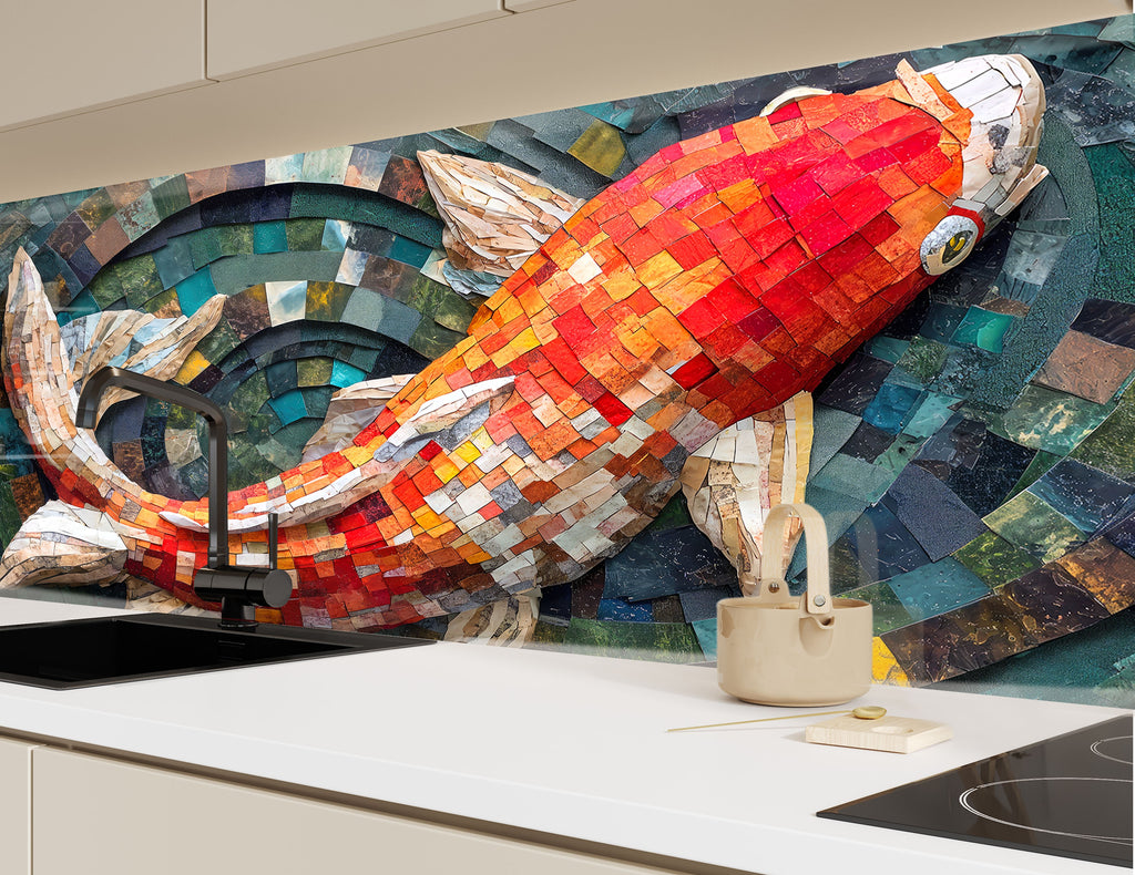 Mosaic-Inspired Tempered Glass Kitchen Backsplash with Koi Fish Design-BacksplashArtworks