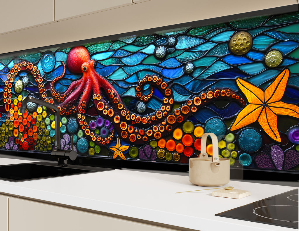 Mosaic-Inspired Tempered Glass Kitchen Backsplash with Octopus Design-BacksplashArtworks