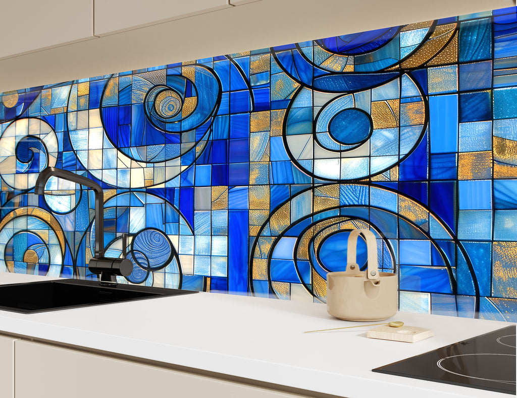 Blue and Gold Tempered Glass Kitchen Backsplash with Modern Abstract Design-BacksplashArtworks