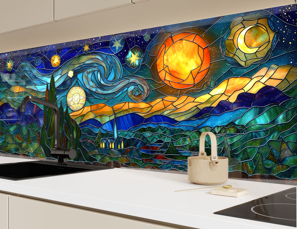 Mosaic-Inspired Tempered Glass Kitchen Backsplash with Starry Night Design-BacksplashArtworks