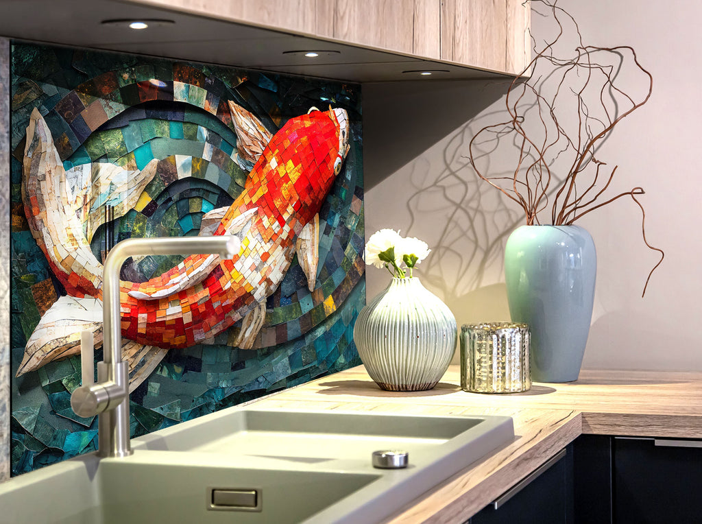 Mosaic-Inspired Tempered Glass Kitchen Backsplash with Koi Fish Design-BacksplashArtworks