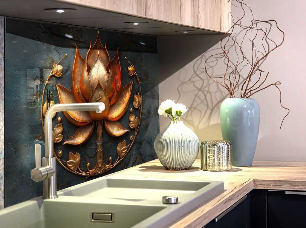 Copper Lotus - Glass Kitchen Backsplash-BacksplashArtworks