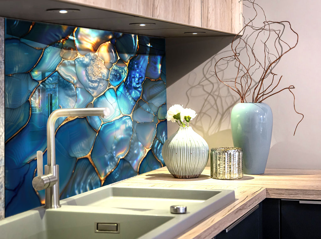 Iridescent Blue Agate - Glass Kitchen Backsplash-BacksplashArtworks