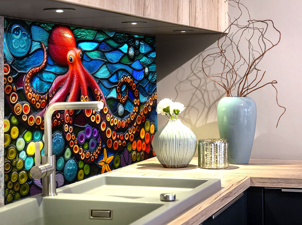 Mosaic-Inspired Tempered Glass Kitchen Backsplash with Octopus Design-BacksplashArtworks