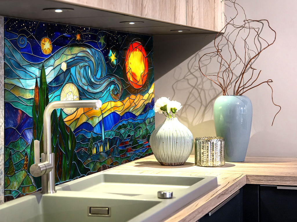 Mosaic-Inspired Tempered Glass Kitchen Backsplash with Starry Night Design-BacksplashArtworks