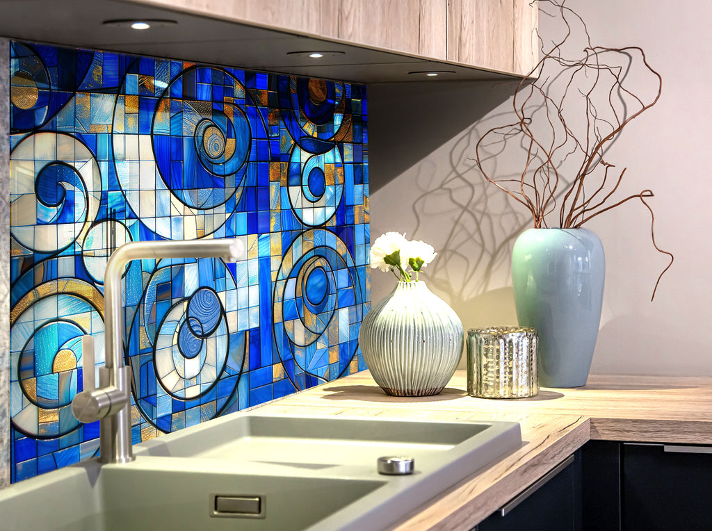 Blue and Gold Tempered Glass Kitchen Backsplash with Modern Abstract Design-BacksplashArtworks