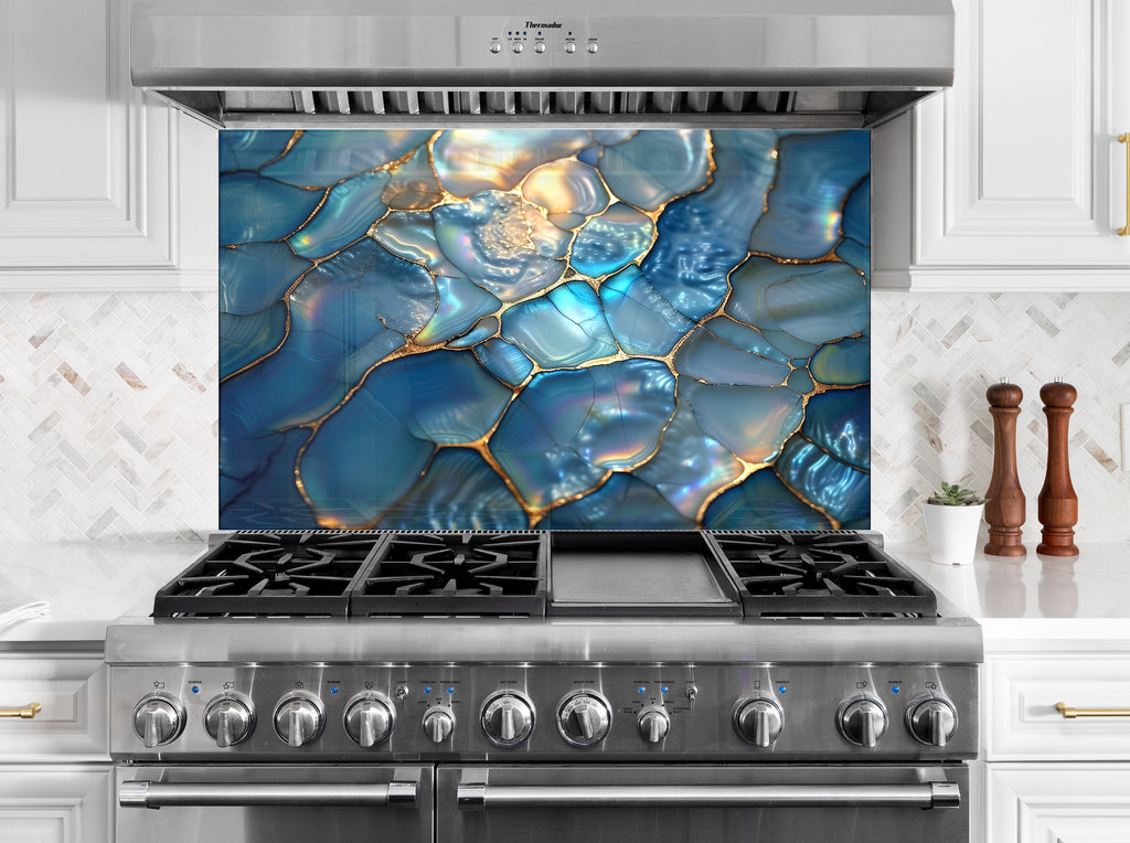 Iridescent Blue Agate - Glass Kitchen Backsplash-BacksplashArtworks