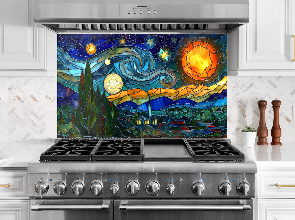 Mosaic-Inspired Tempered Glass Kitchen Backsplash with Starry Night Design-BacksplashArtworks