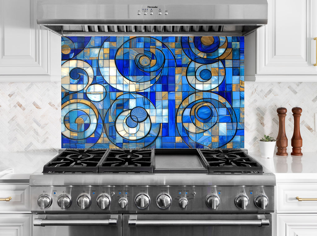 Blue and Gold Tempered Glass Kitchen Backsplash with Modern Abstract Design-BacksplashArtworks