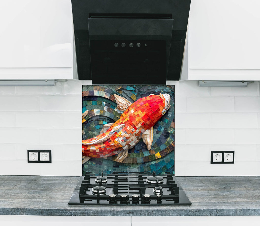 Mosaic-Inspired Tempered Glass Kitchen Backsplash with Koi Fish Design-BacksplashArtworks