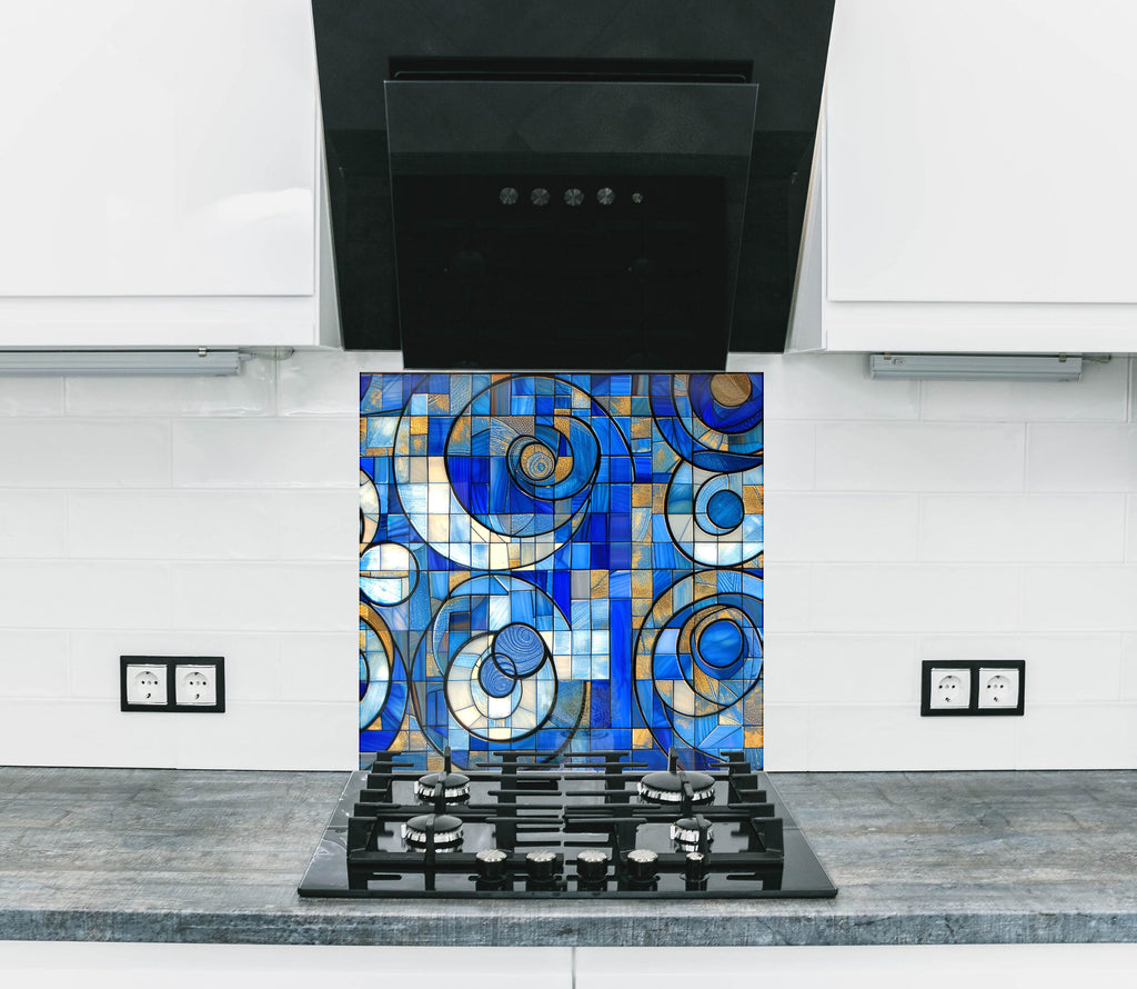 Blue and Gold Tempered Glass Kitchen Backsplash with Modern Abstract Design-BacksplashArtworks