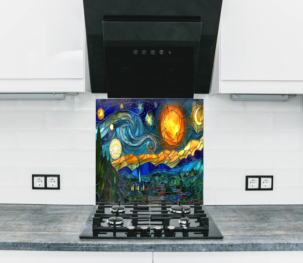 Mosaic-Inspired Tempered Glass Kitchen Backsplash with Starry Night Design-BacksplashArtworks