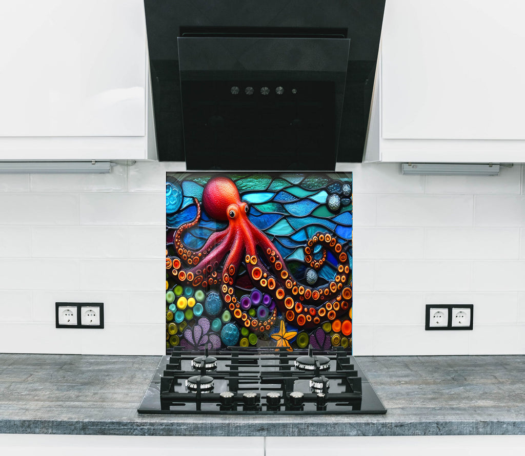 Mosaic-Inspired Tempered Glass Kitchen Backsplash with Octopus Design-BacksplashArtworks