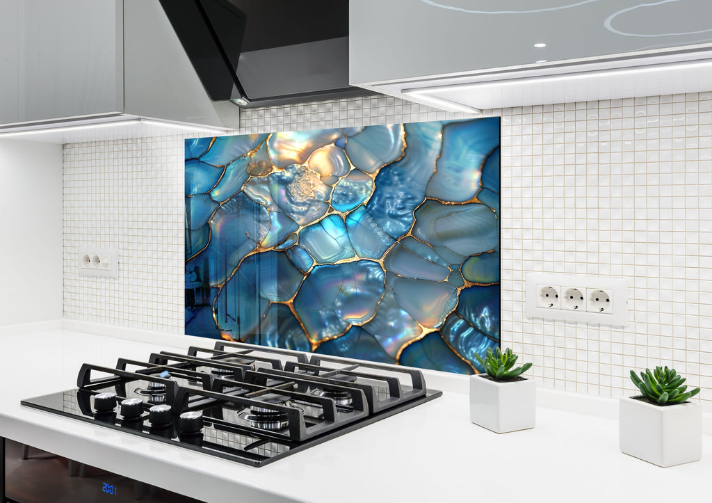 Iridescent Blue Agate - Glass Kitchen Backsplash-BacksplashArtworks