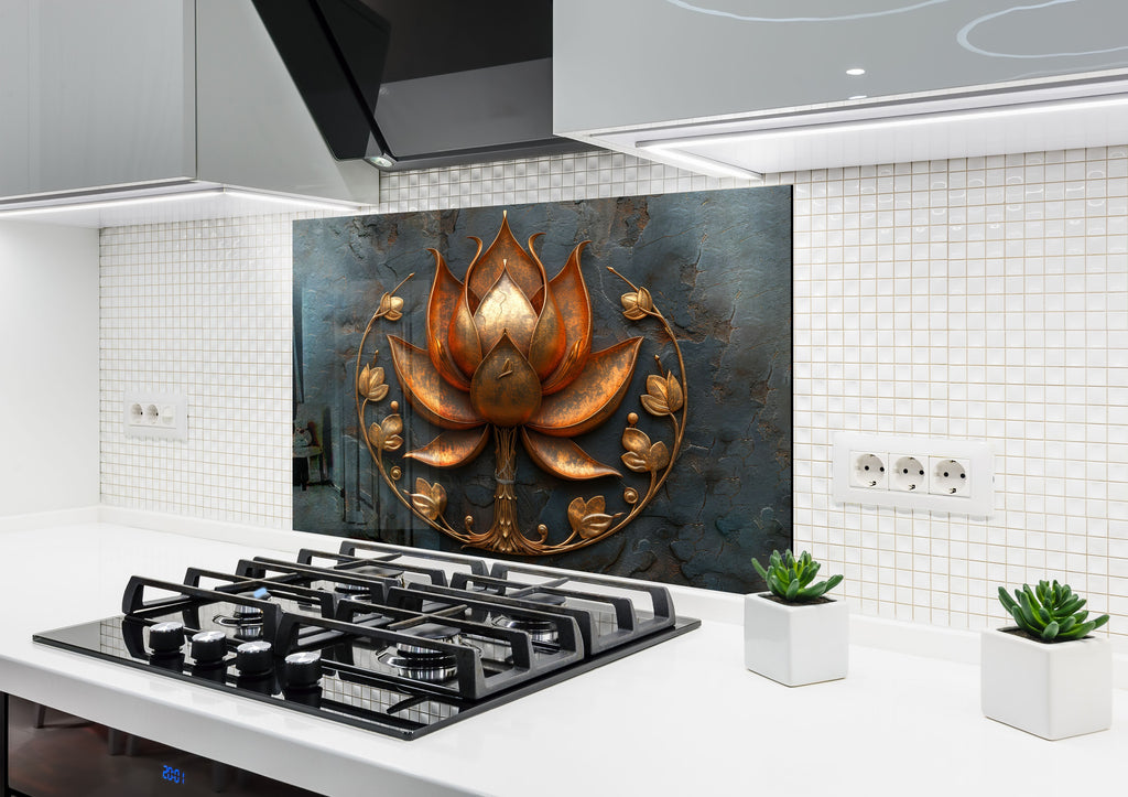 Copper Lotus - Glass Kitchen Backsplash-BacksplashArtworks