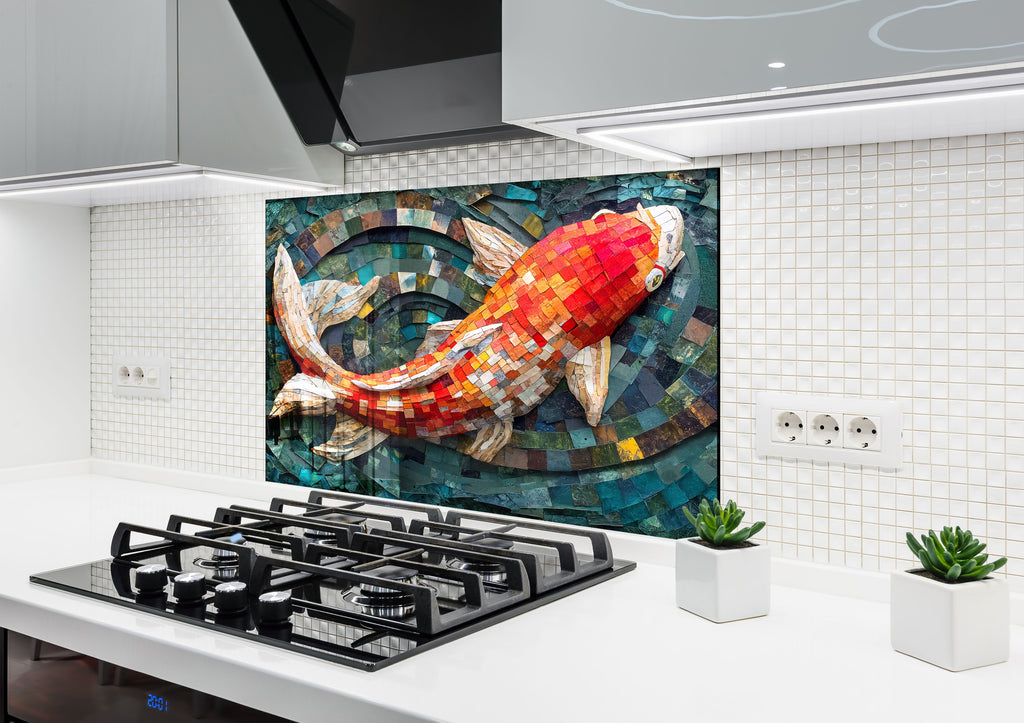 Mosaic-Inspired Tempered Glass Kitchen Backsplash with Koi Fish Design-BacksplashArtworks