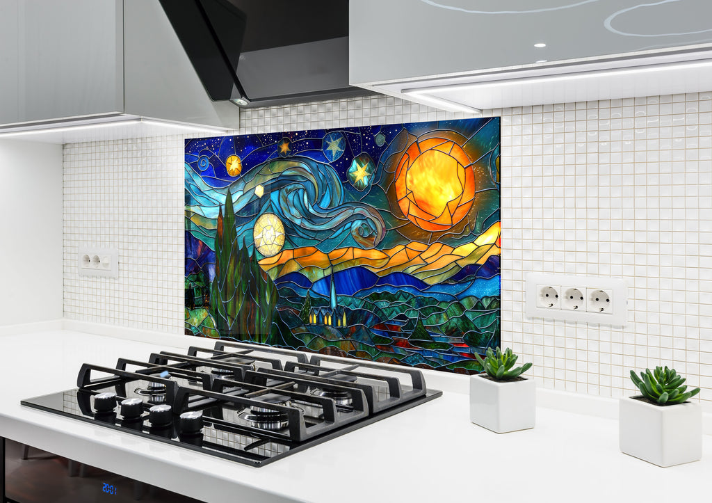 Mosaic-Inspired Tempered Glass Kitchen Backsplash with Starry Night Design-BacksplashArtworks