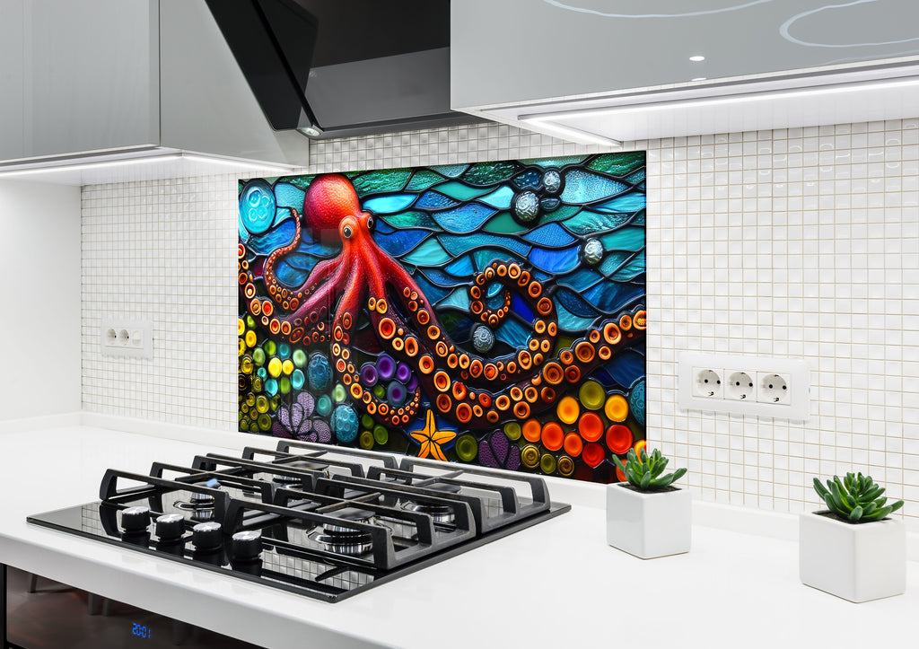 Mosaic-Inspired Tempered Glass Kitchen Backsplash with Octopus Design-BacksplashArtworks