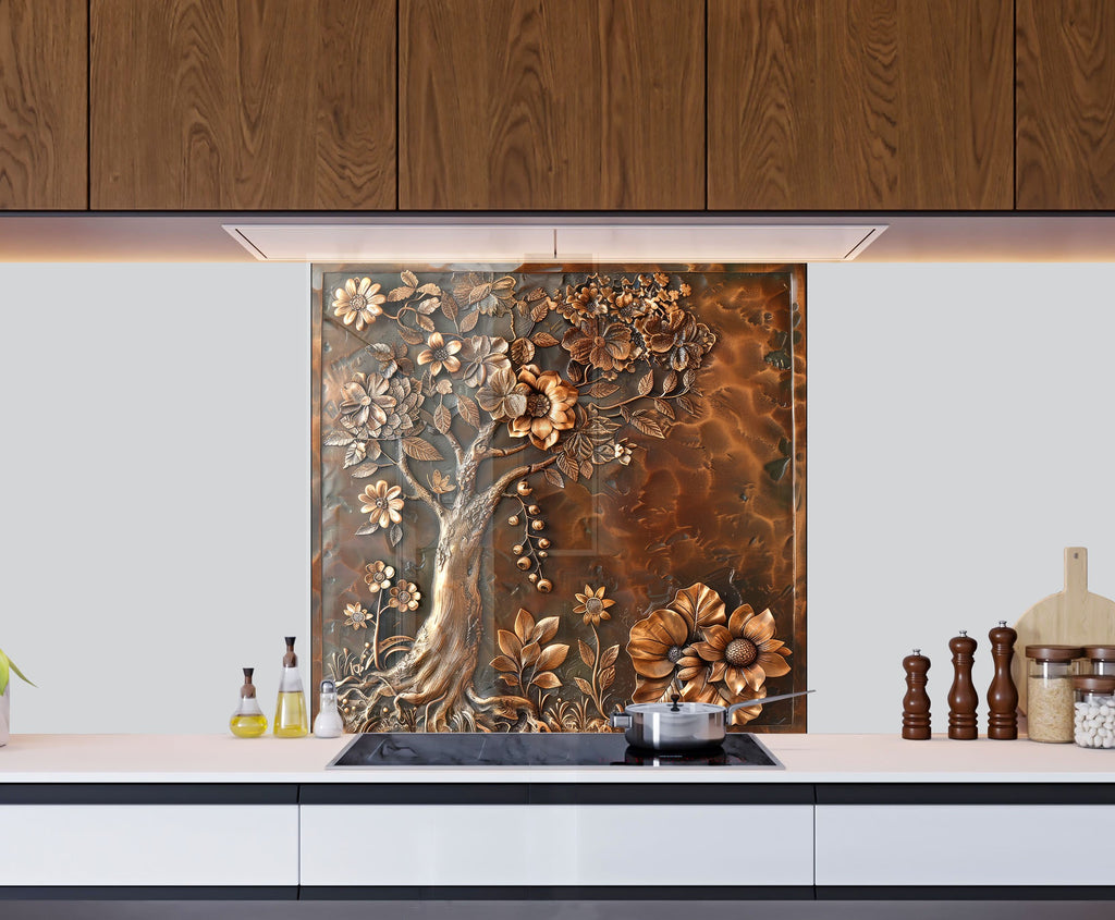 Vintage Bronze Blossom - Glass Kitchen Backsplash-BacksplashArtworks