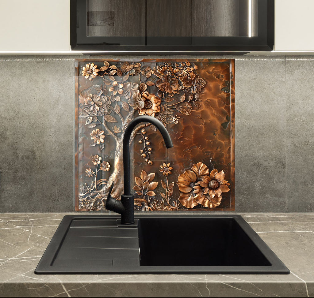 Vintage Bronze Blossom - Glass Kitchen Backsplash-BacksplashArtworks