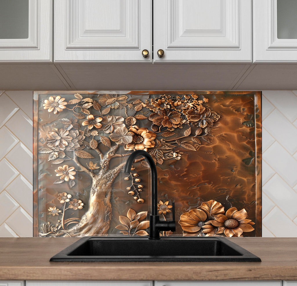 Vintage Bronze Blossom - Glass Kitchen Backsplash-BacksplashArtworks