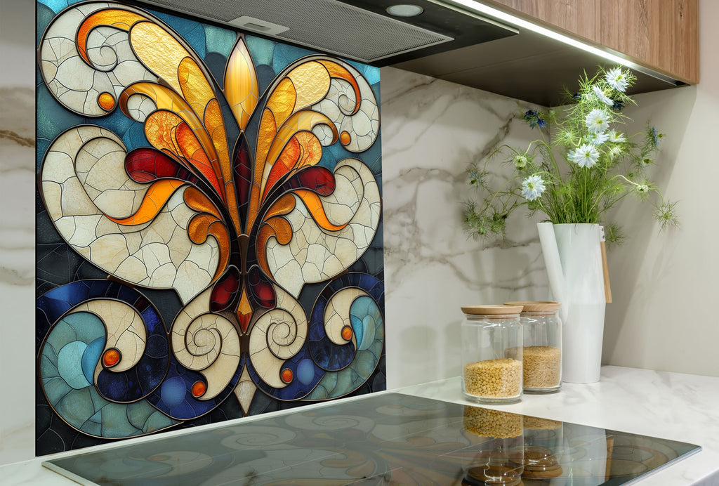 Baroque Fleur-de-Lis - Glass Kitchen Backsplash-BacksplashArtworks