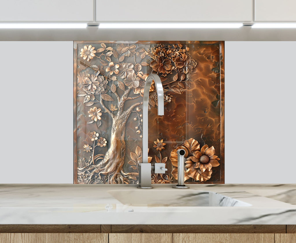 Vintage Bronze Blossom - Glass Kitchen Backsplash-BacksplashArtworks