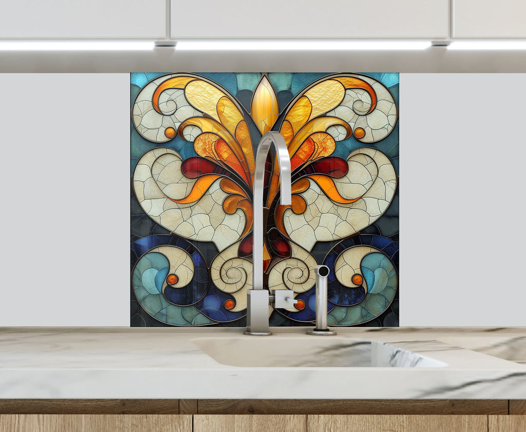 Baroque Fleur-de-Lis - Glass Kitchen Backsplash-BacksplashArtworks