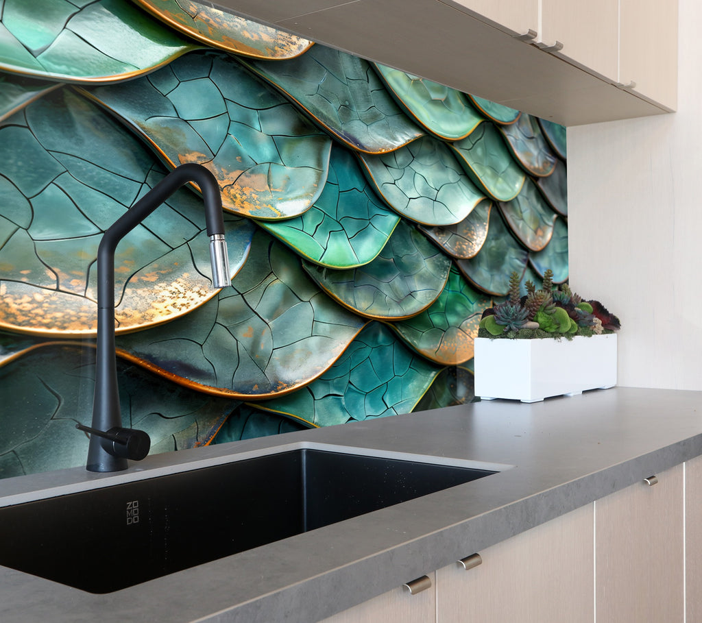 Emerald Dragon Scale Stained - Glass Kitchen Backsplash-BacksplashArtworks