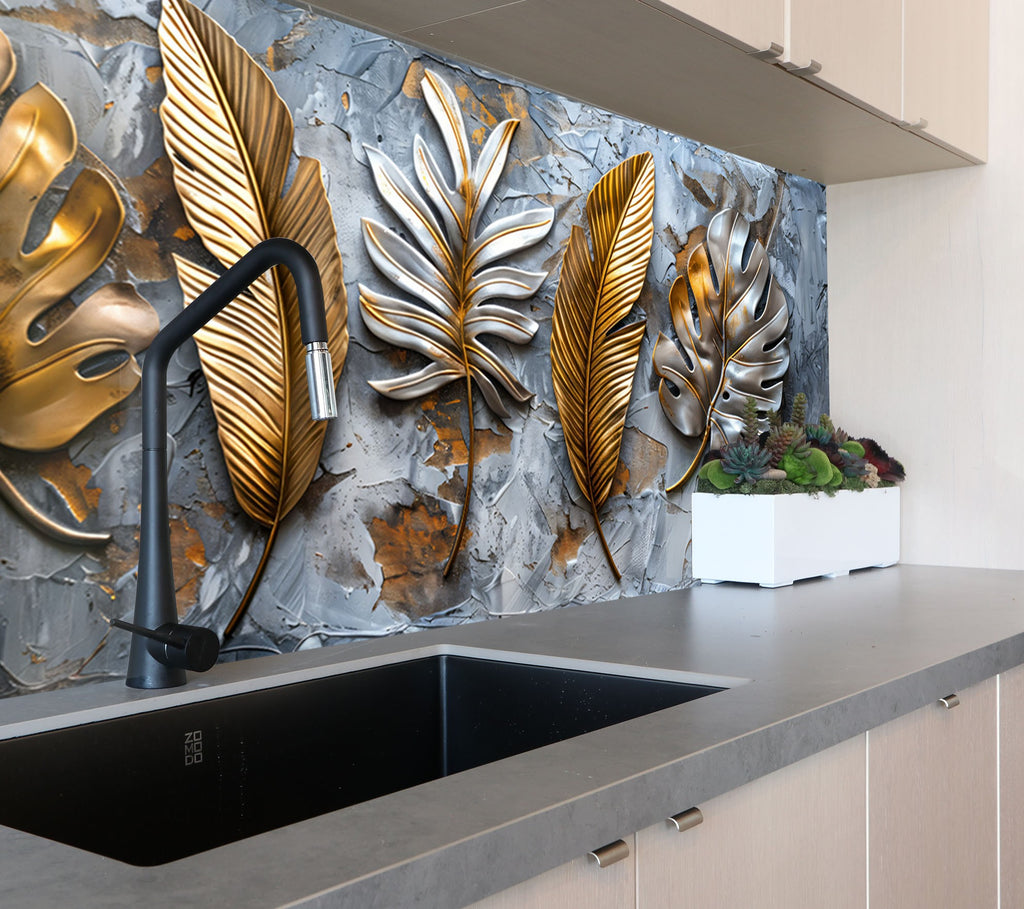 Golden & Silver Leaf - Glass Kitchen Backsplash-BacksplashArtworks