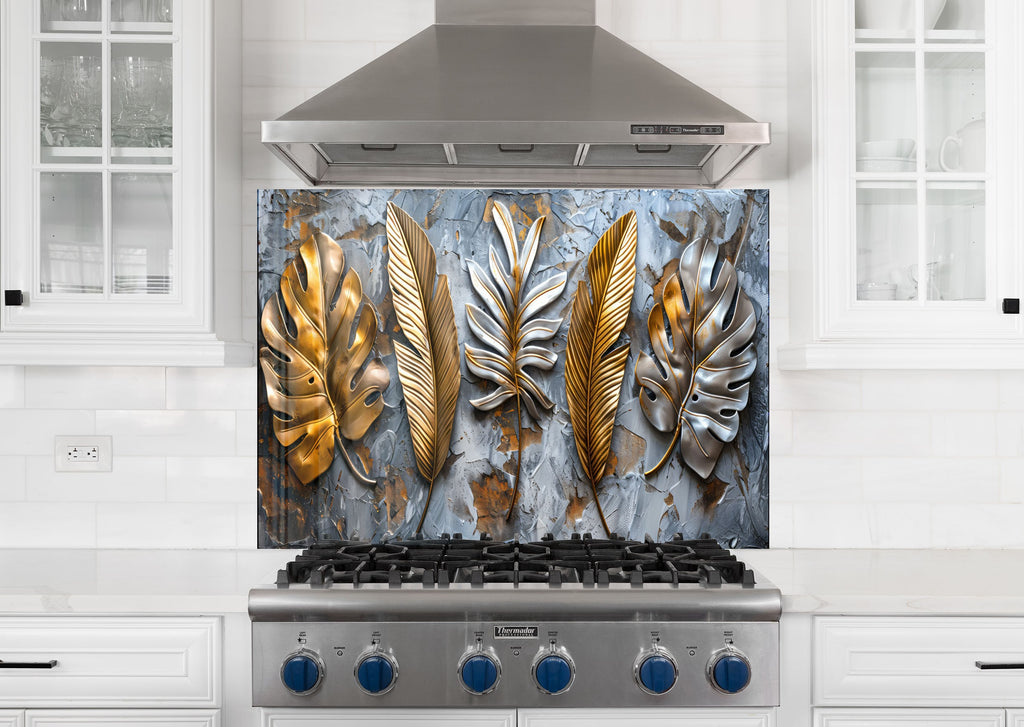 Golden & Silver Leaf - Glass Kitchen Backsplash-BacksplashArtworks