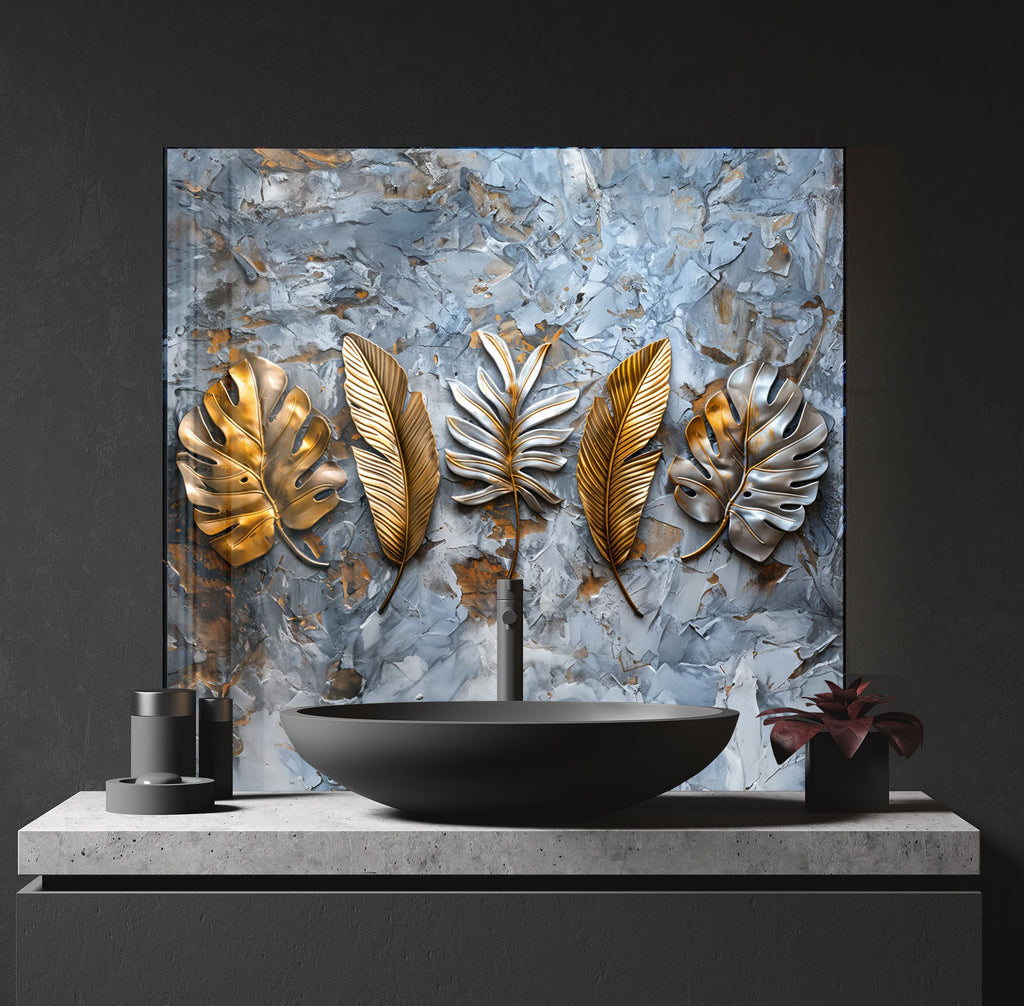 Golden & Silver Leaf - Glass Kitchen Backsplash-BacksplashArtworks