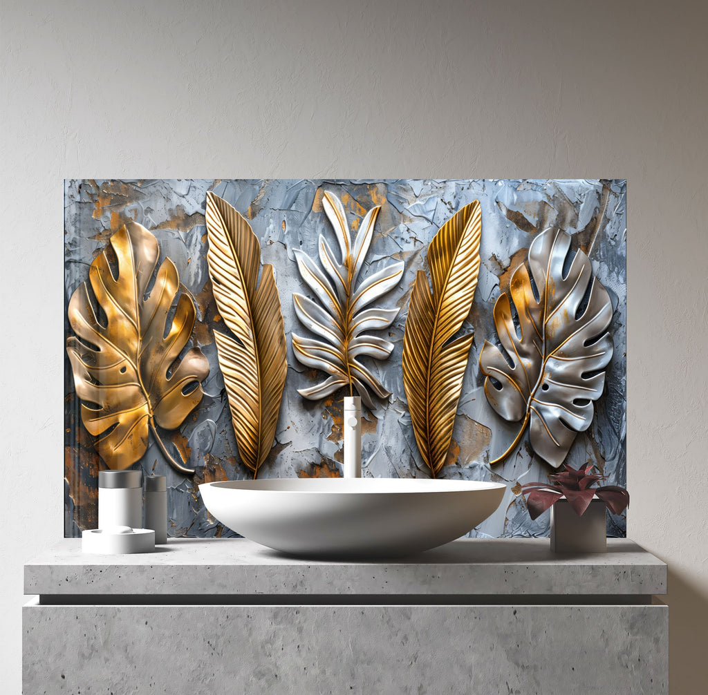 Golden & Silver Leaf - Glass Kitchen Backsplash-BacksplashArtworks